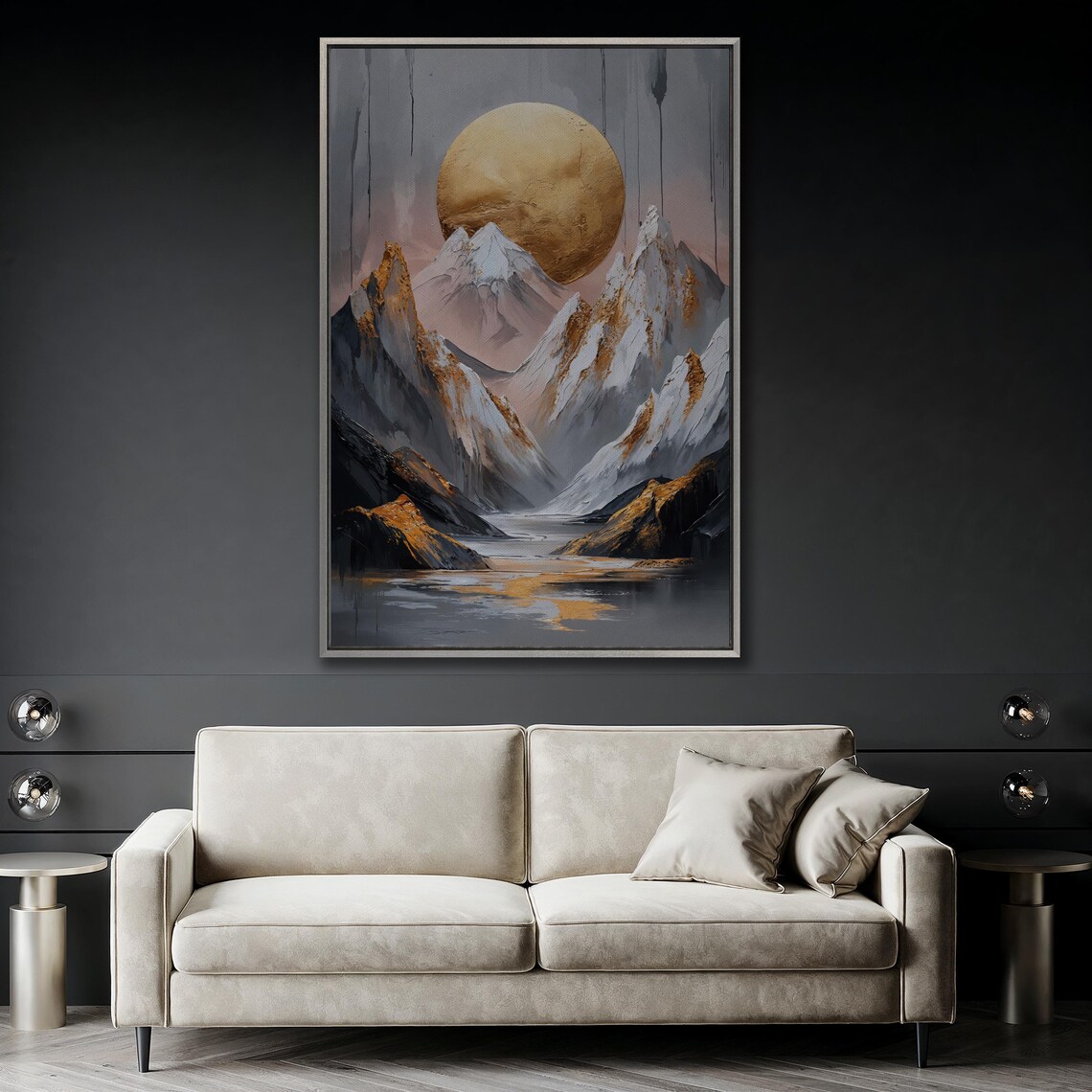 Majestic Mountain And Golden Moon Wall Art Abstract Landscape Painting Print Luxury Wall Decor Snowy Mountains Poster Ready To Hang - Image 4