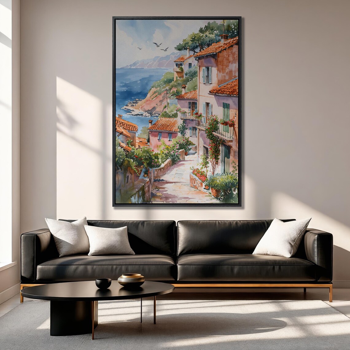 Mediterranean Seaside Village Watercolor With Terracotta Roofs Poster - Image 3