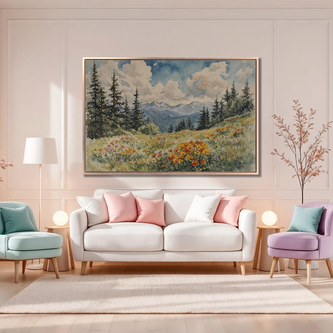Mountain Wildflower Meadow Watercolor with Pine Trees Poster - Image 4