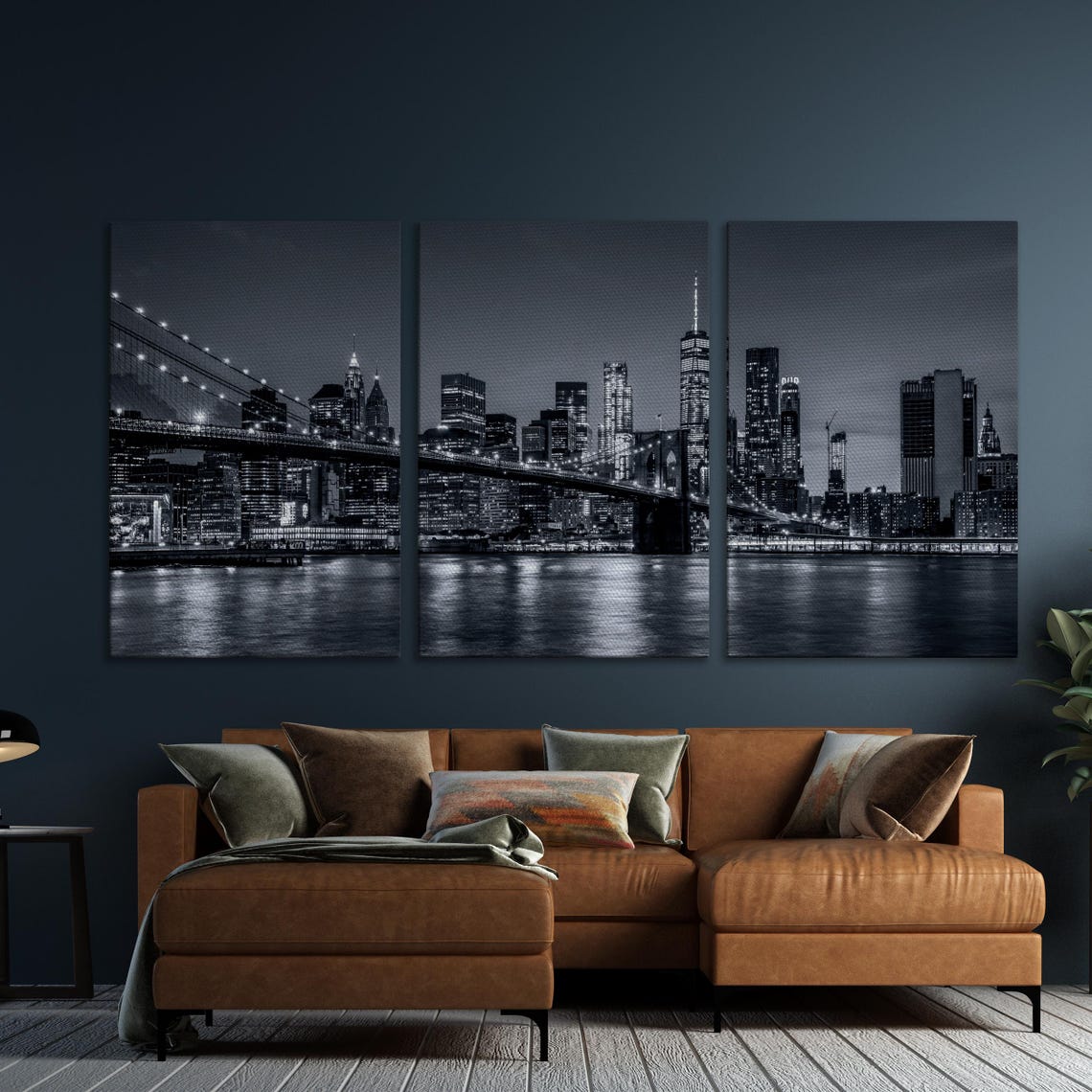 New York City Skyline And Brooklyn Bridge Black And White Night Poster - Image 5