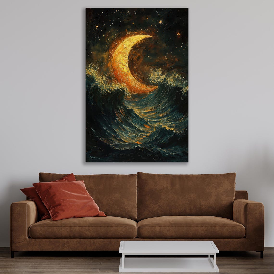 Fiery Crescent Moon Over Dark Swirling Ocean Waves Night Poster - Image 3