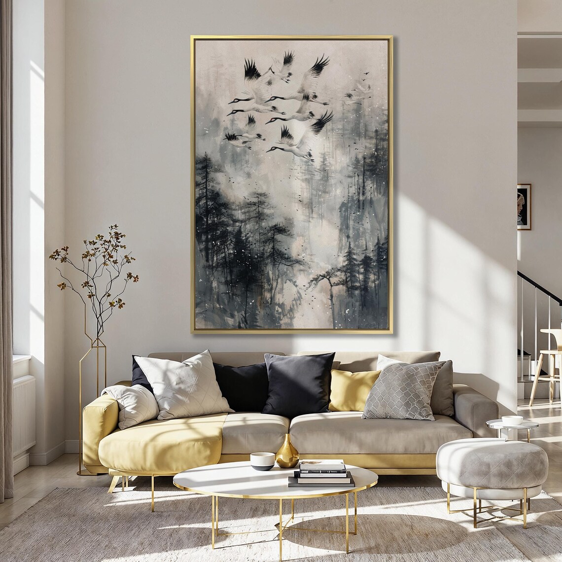 Flock Of Soaring Cranes, Foggy Forest Painting Print - Image 4