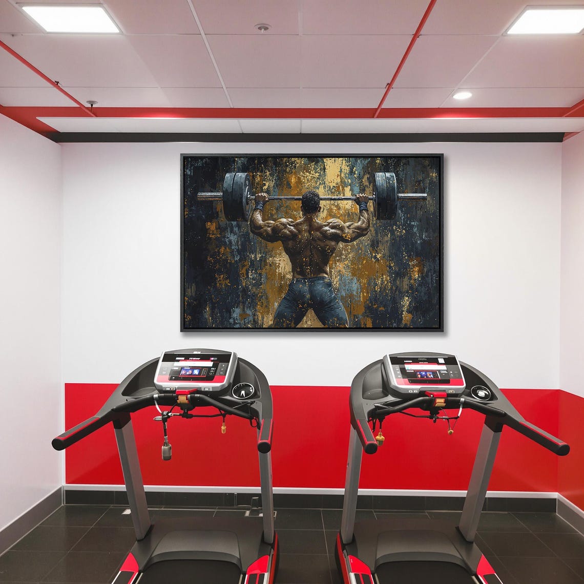 Weightlifter Back View Barbell Press in Teal Gold Brushwork Poster - Image 5