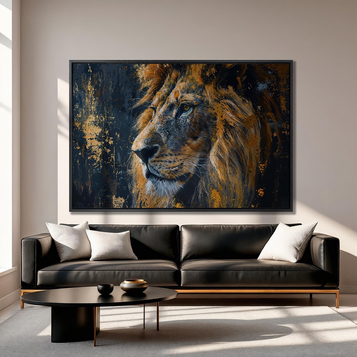 Lion Profile in Golden Black Oil Painting Wildlife Portrait Poster - Image 3