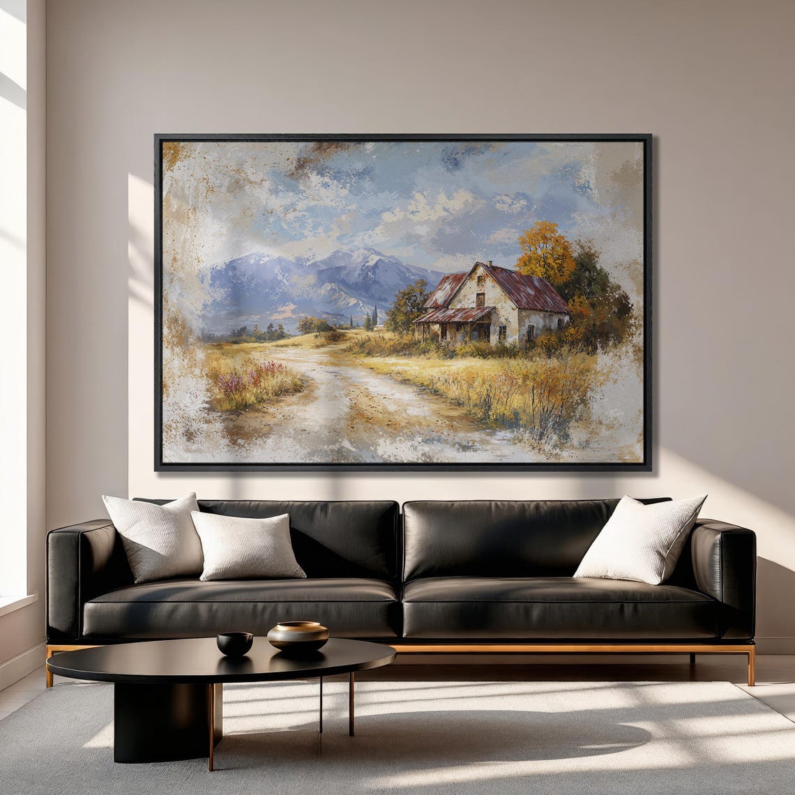 Weathered Farmhouse with Red Tin Roof in Autumn Valley Poster - Image 3