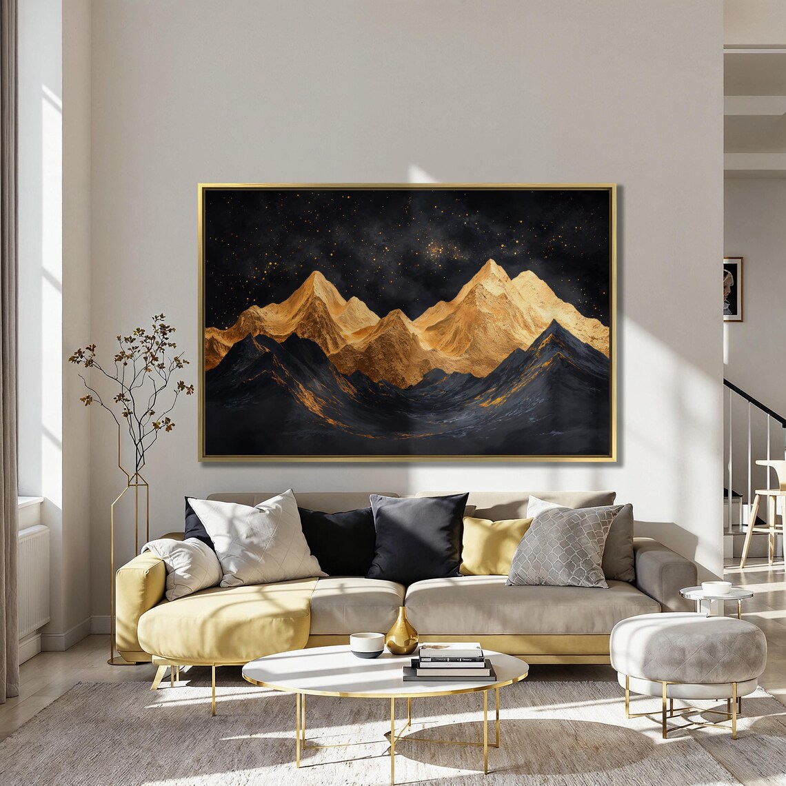 Golden Mountains Under Starry Sky Wall Art Abstract Landscape Painting Print Luxury Wall Decor Black And Gold Artwork Ready To Hang - Image 4