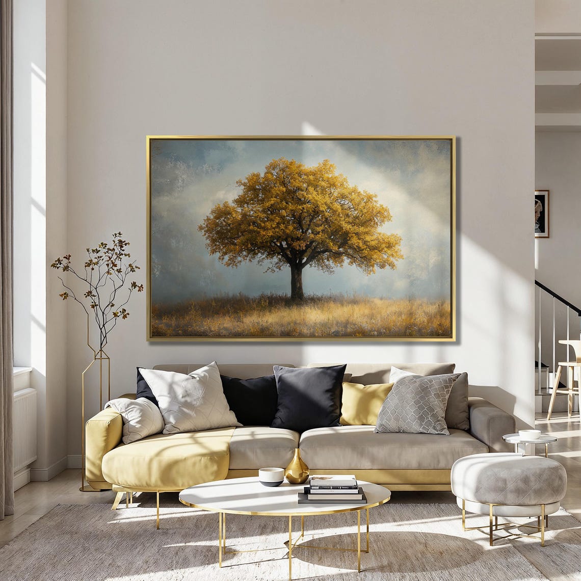 Lone Autumn Tree With Golden Leaves In A Misty Field Scene Poster - Image 4