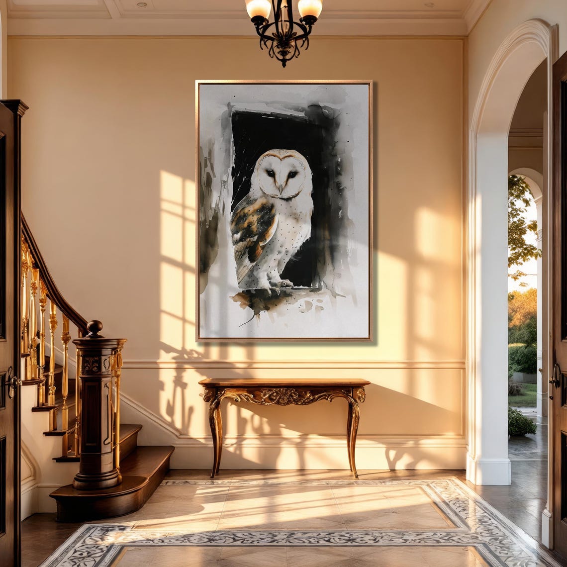 Barn Owl Watercolor Portrait Peering from Dark Hollow Art Poster - Image 4