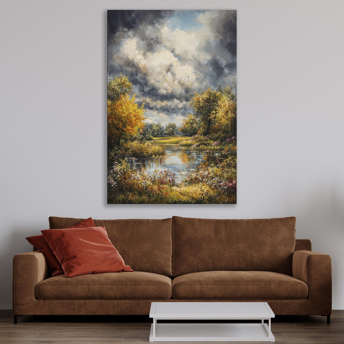 Golden Autumn Forest Pond With Wildflowers Under Stormy Sky Poster - Image 4