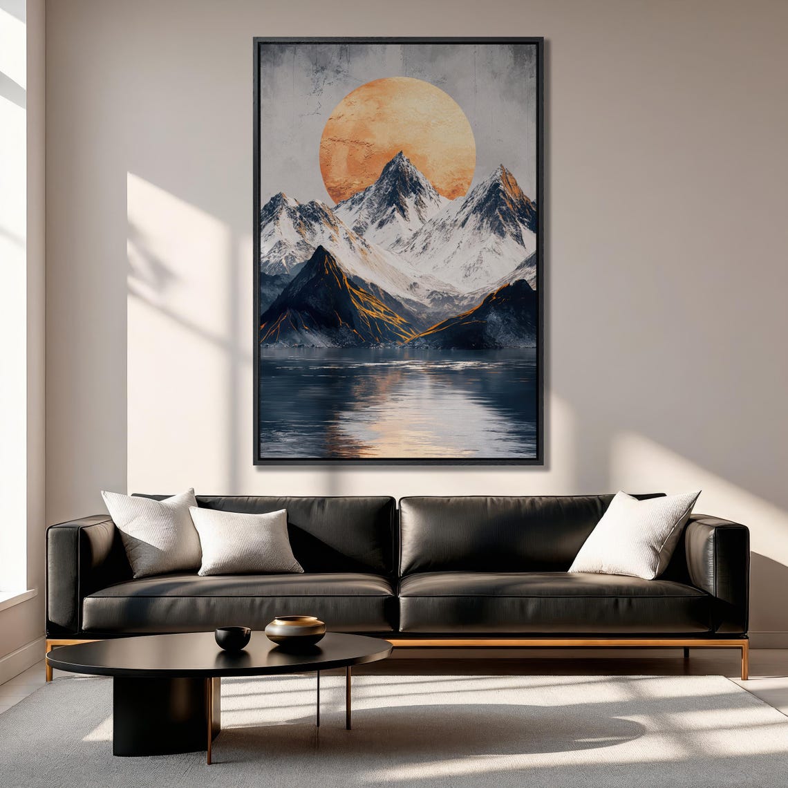 Snow Capped Mountains Peaks And Sun Wall Art Surreal Landscape Painting Print Nature Wall Decor Mountain Lake Poster Ready To Hang - Image 3