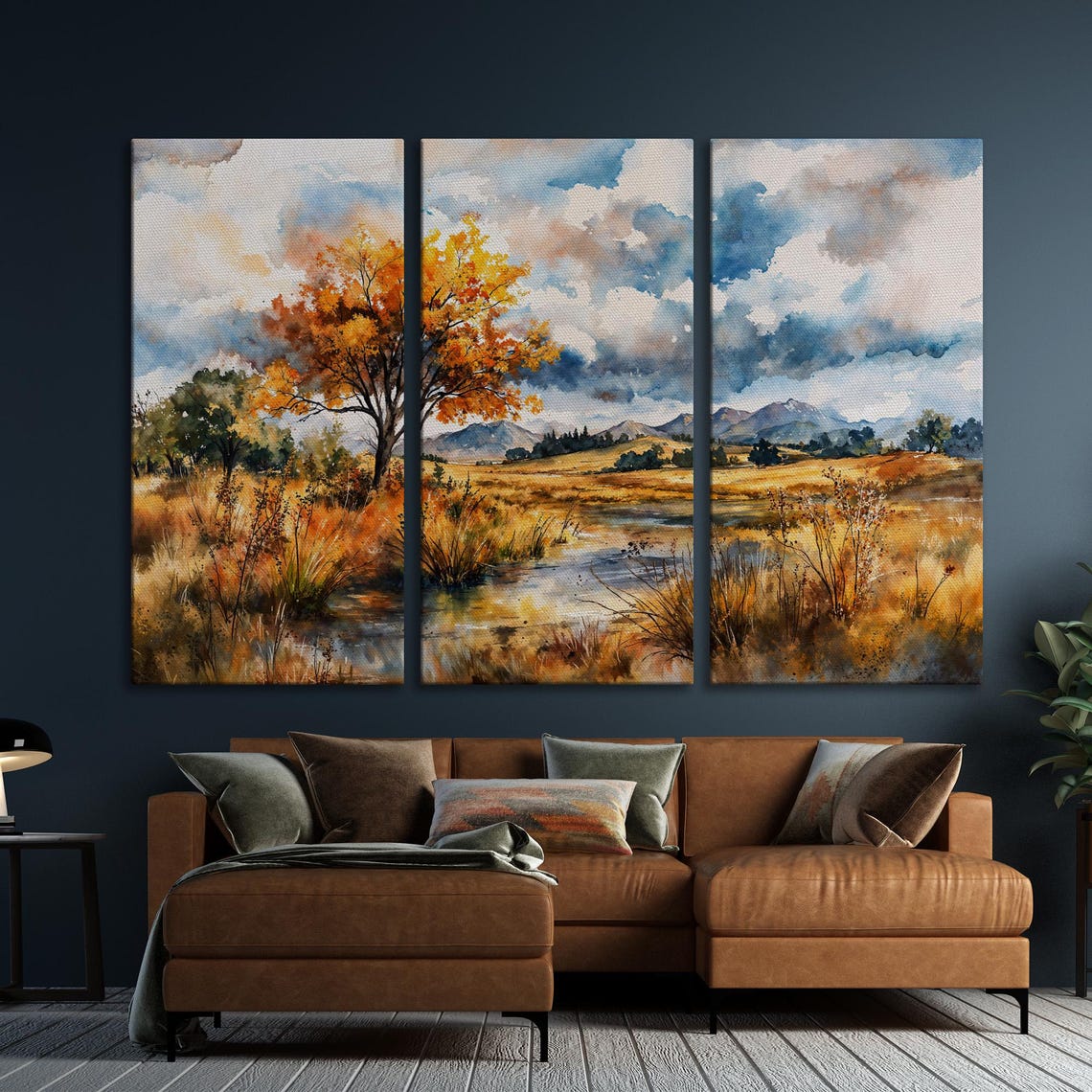 Golden Autumn Tree by a Stream Watercolor Mountain Landscape Poster - Image 6