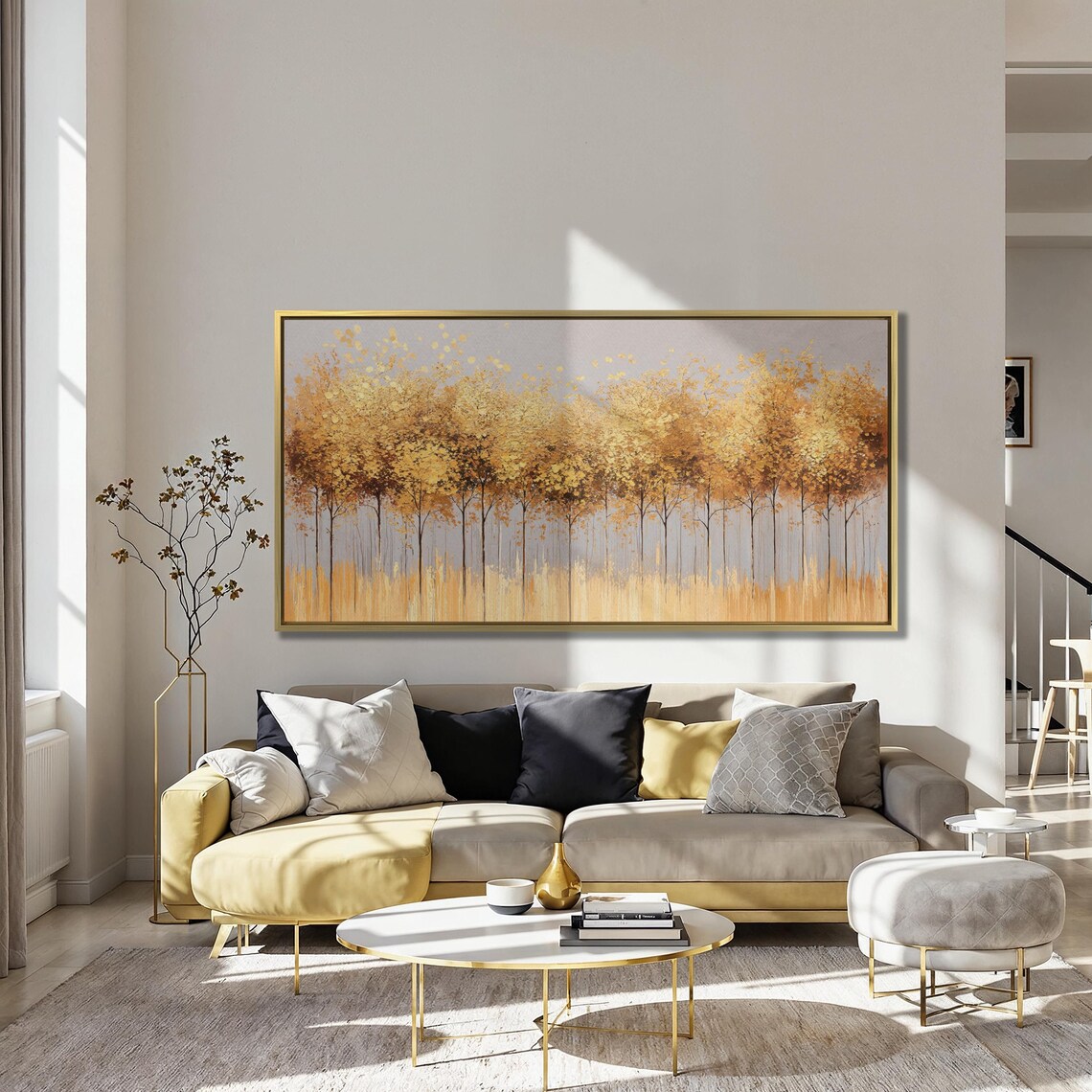 Golden Autumn Trees Row In Soft Gray Haze Abstract Landscape Poster - Image 3