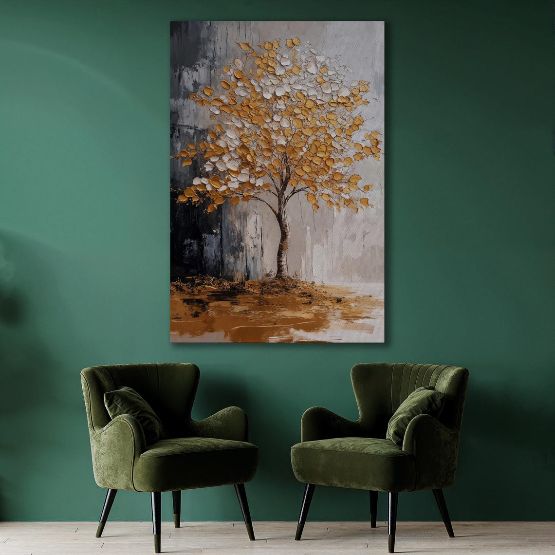 Gold and Silver Leaf Tree Abstract Nature Painting Poster Art - Image 2