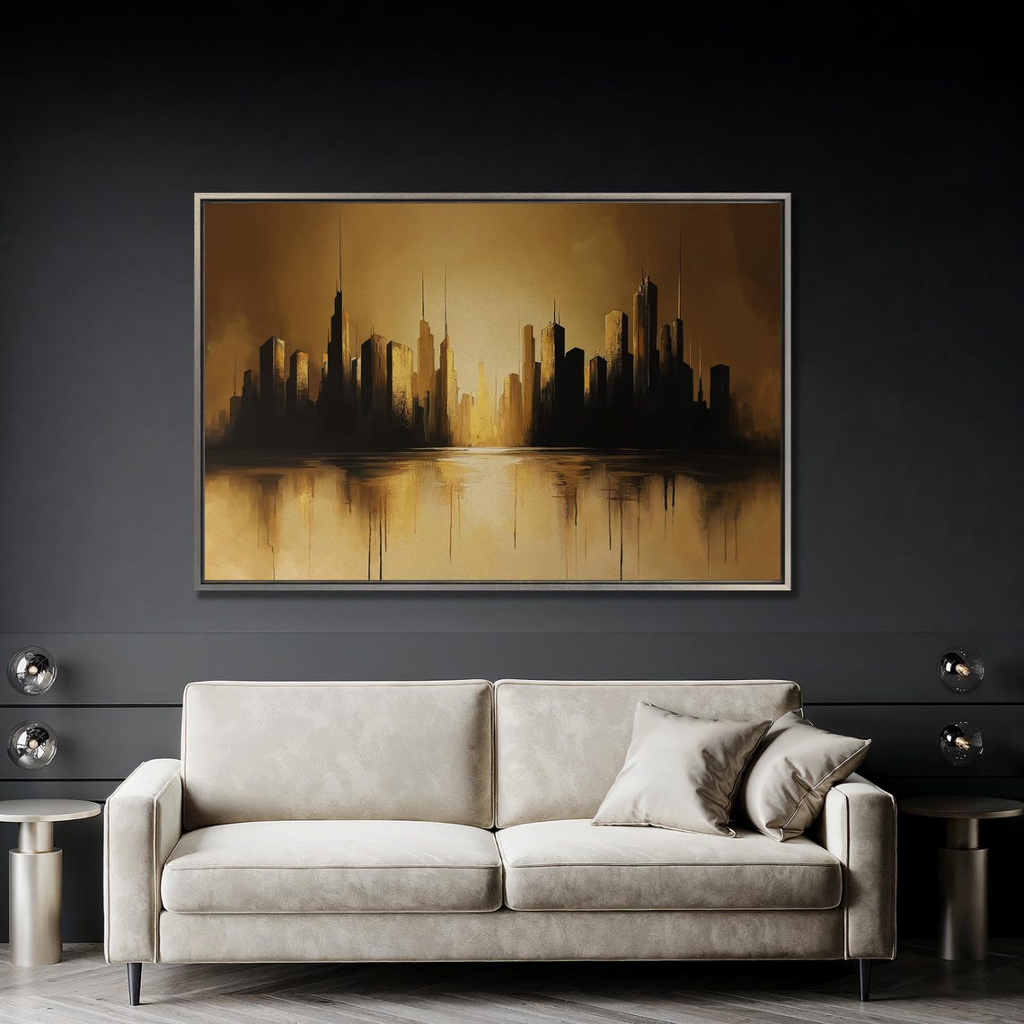 Golden And Black Cityscape Skyline Reflection Abstract Poster - Image 3
