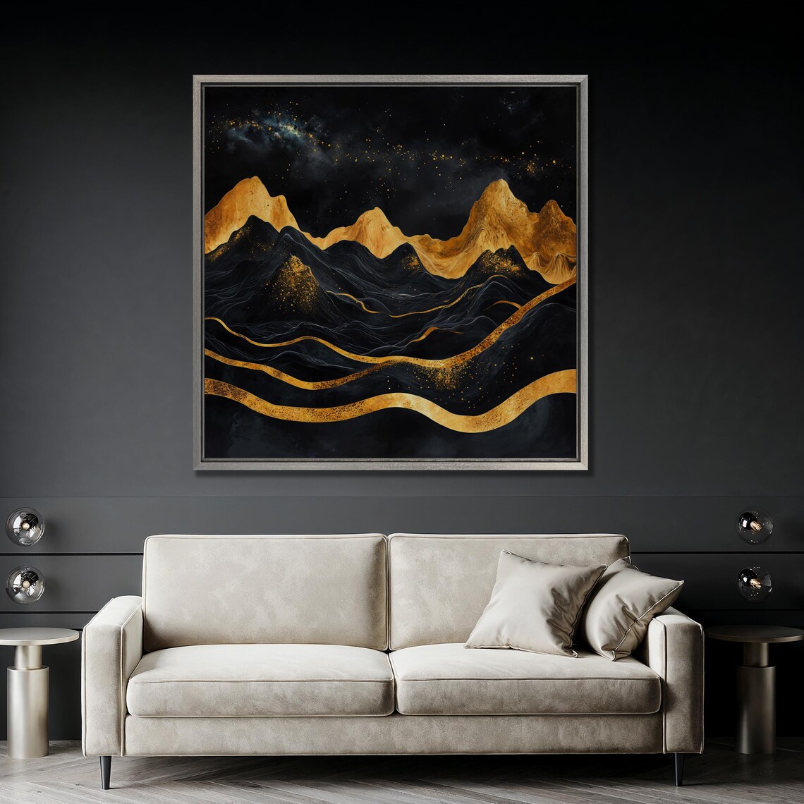 Black And Gold Mountains Wall Art Abstract Night Landscape Print Luxury Wall Decor Mountain Poster Starry Sky Artwork Ready To Hang - Image 3