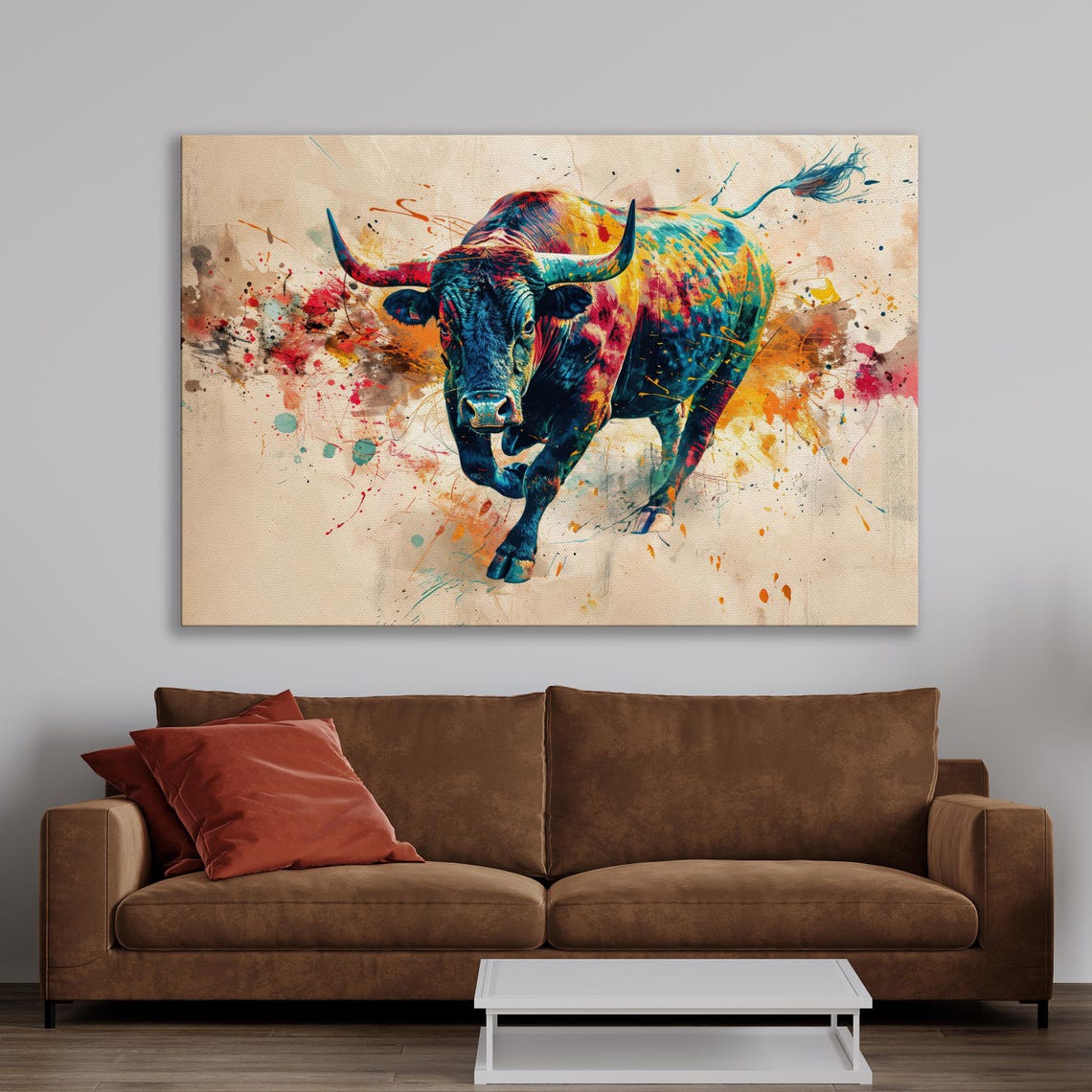 Charging Bull In Vibrant Watercolor Splash Modern Animal Art Poster - Image 3