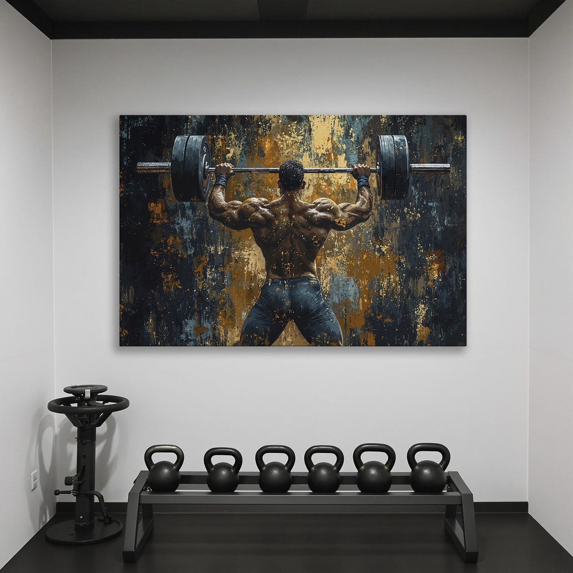 Weightlifter Back View Barbell Press in Teal Gold Brushwork Poster - Image 2