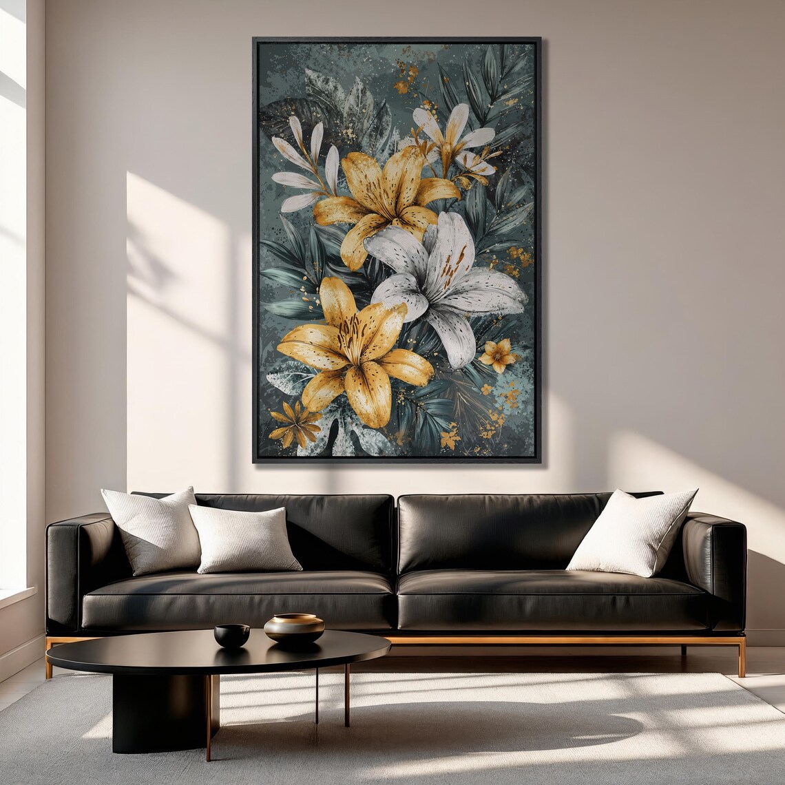 Golden and White Lily Bouquet on Dark Teal Botanical Art Print - Image 6