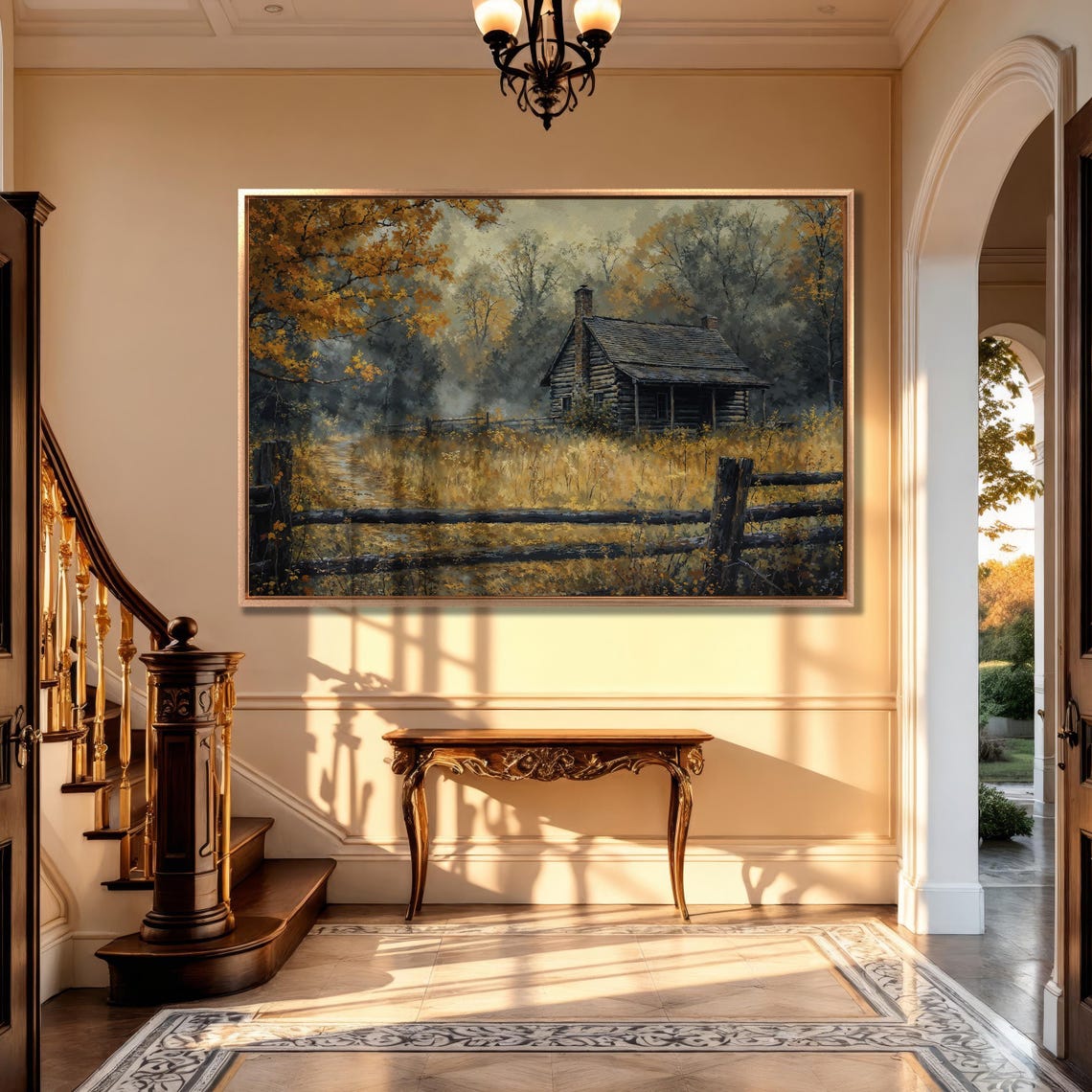 Log Cabin in Golden Autumn Forest with Split Rail Fence Poster - Image 5