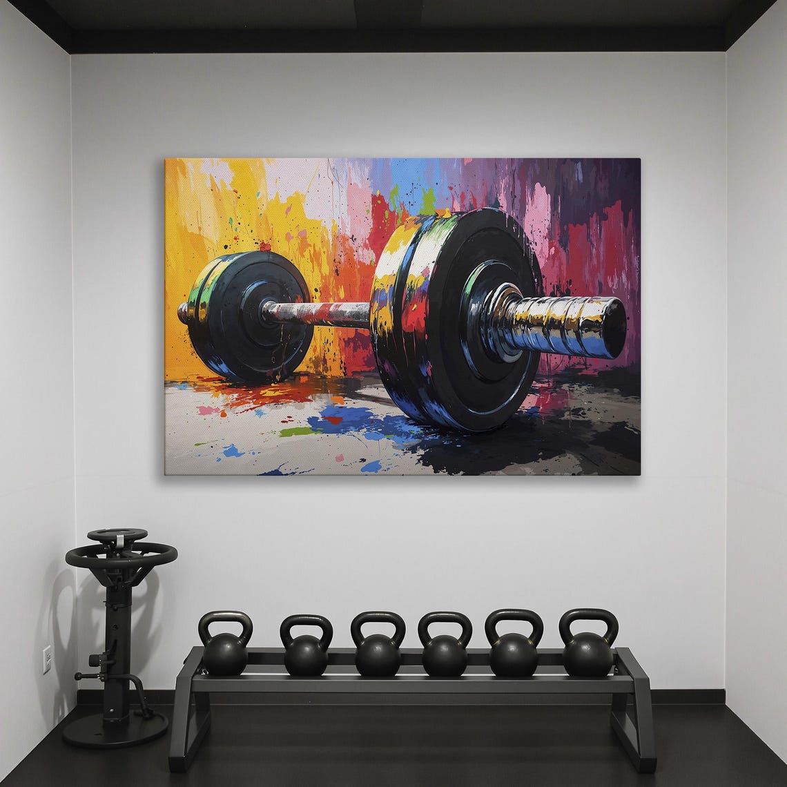 Barbell Close Up Against Multicolor Paint Splash Gym Art Poster - Image 2