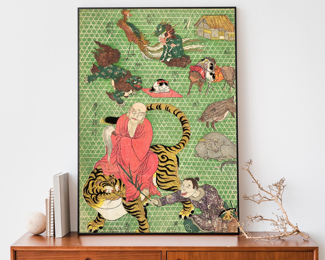 Japanese Daoist Immortal Riding Tiger Mythical Beasts Woodblock Poster