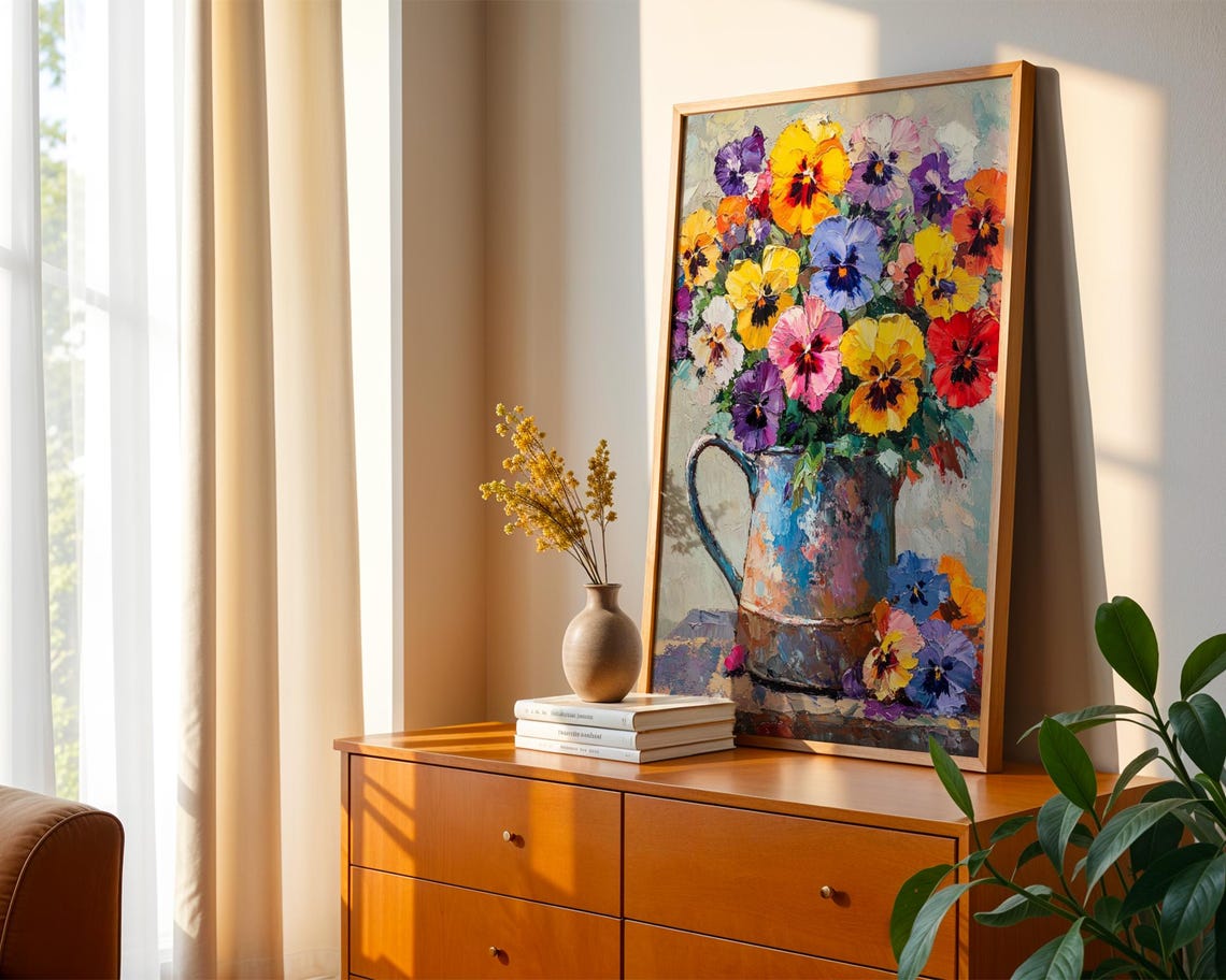 Colorful Pansy Bouquet Rustic Watering Can Impressionist Art Poster - Image 2