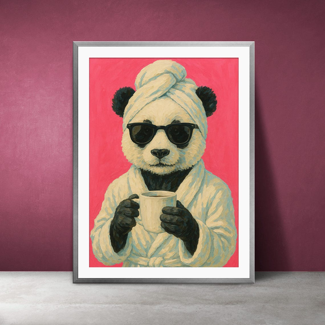Funny Panda Drinking Coffee Spa Day Bathrobe Animal Pop Art Poster