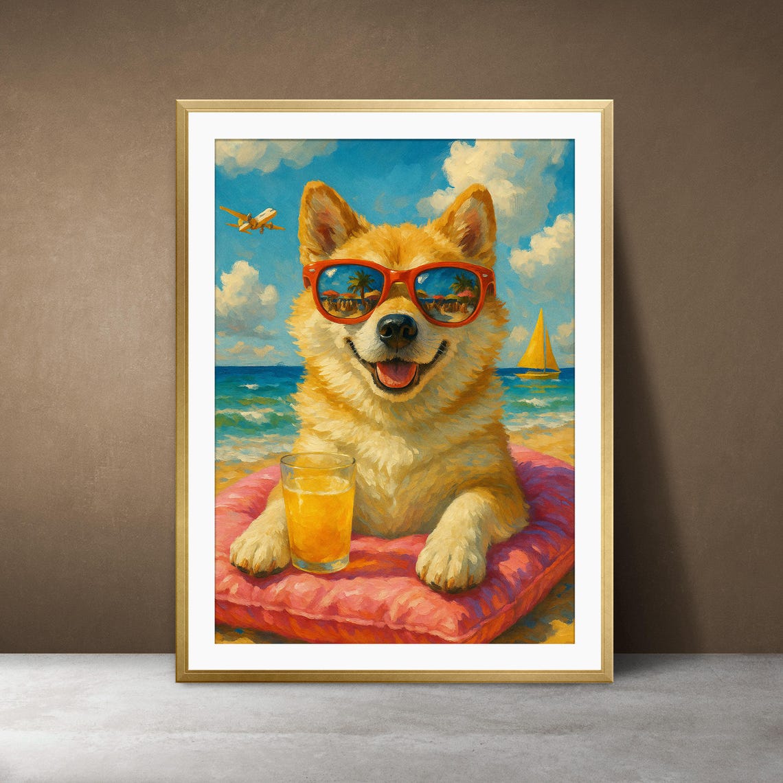 Happy Dog with Red Sunglasses on Beach Float Summer Art Poster