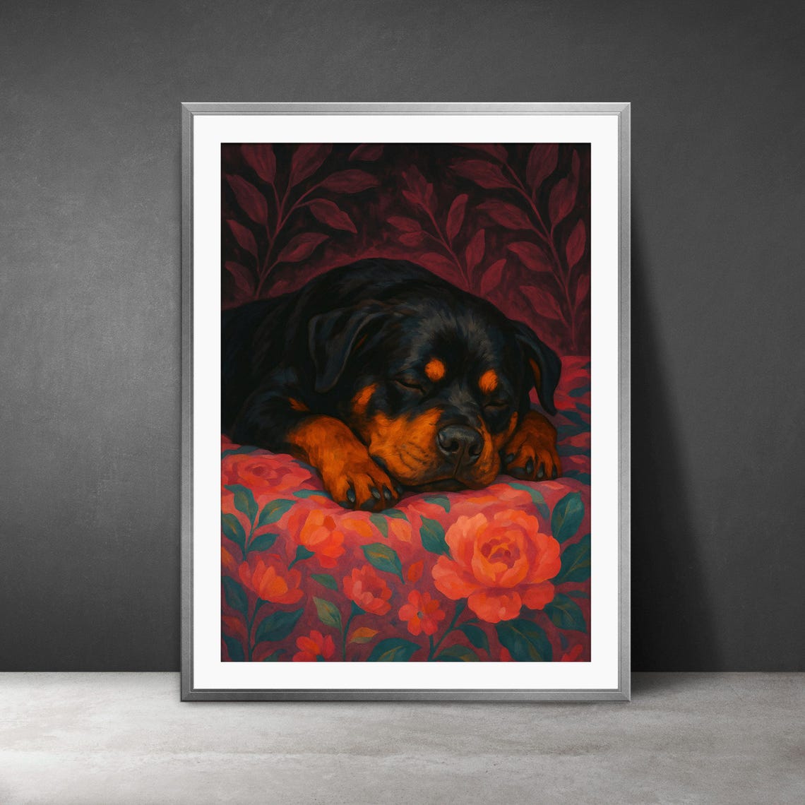 Sleeping Rottweiler Dog Floral Botanical Cozy Portrait Poster