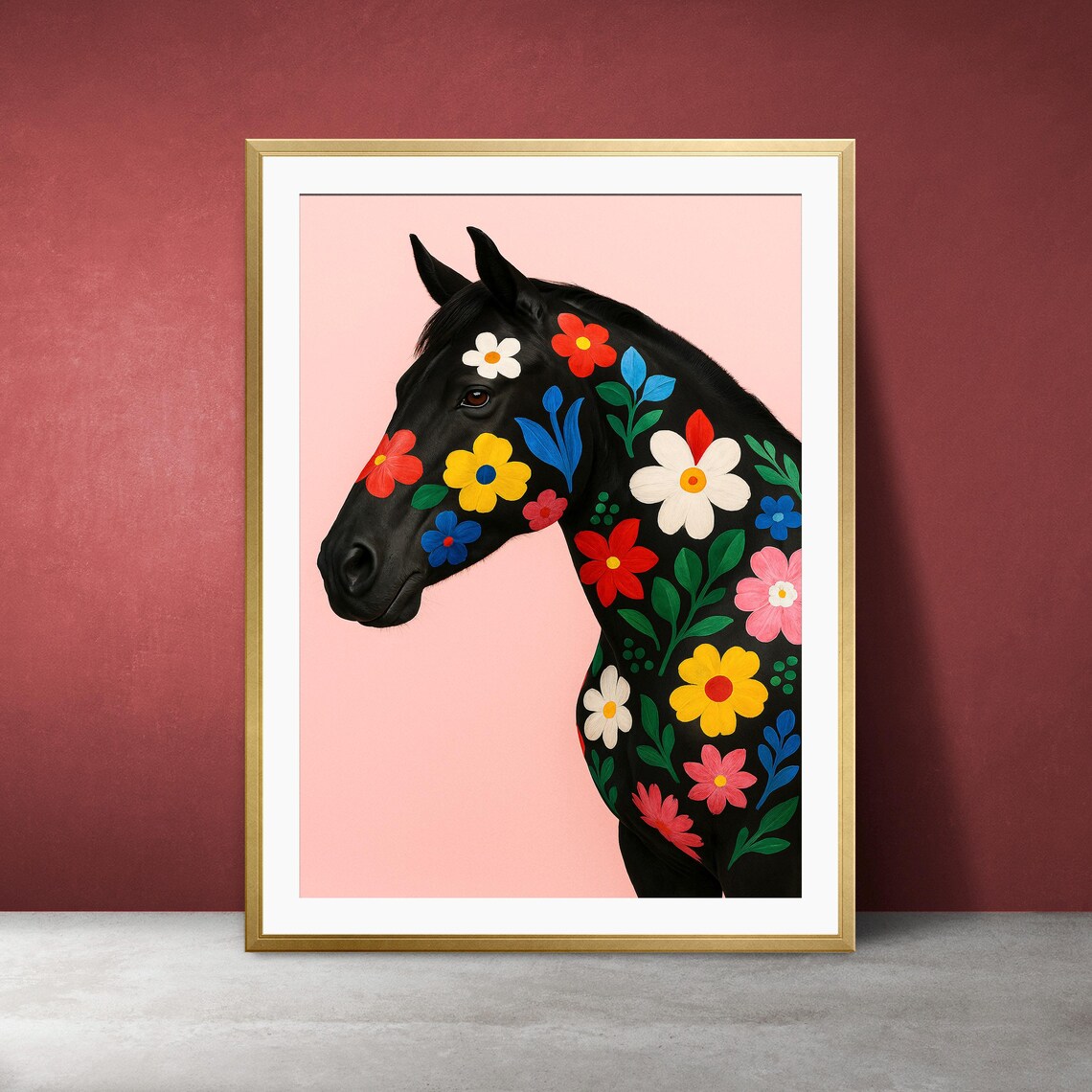 Floral Wild Black Horse Folk Art Colorful Animal Portrait Poster