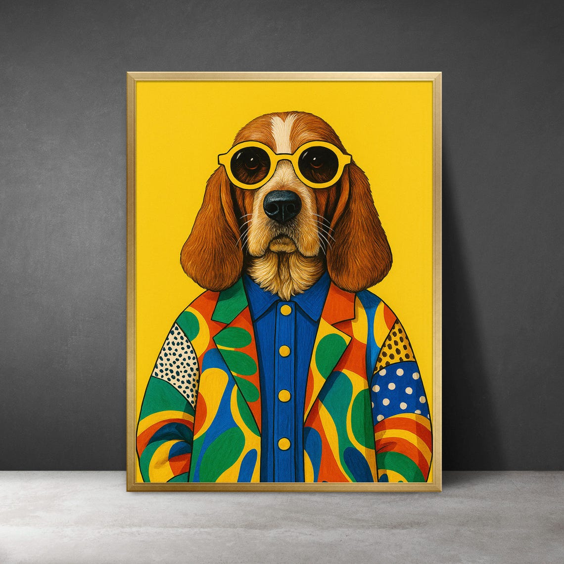 Funky Bold Dog in Yellow Sunglasses and Retro Suit Pop Art Poster