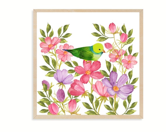 Green Bunting Bird Illustration Gicle Print With Botanical Elements