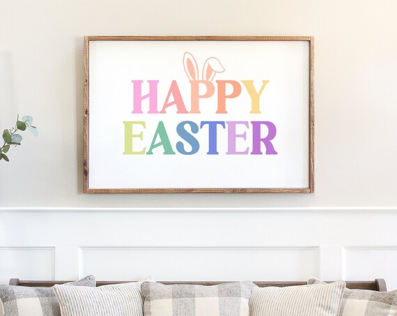 Happy Easter Rainbow Letters Bunny Ears Spring Holiday Poster