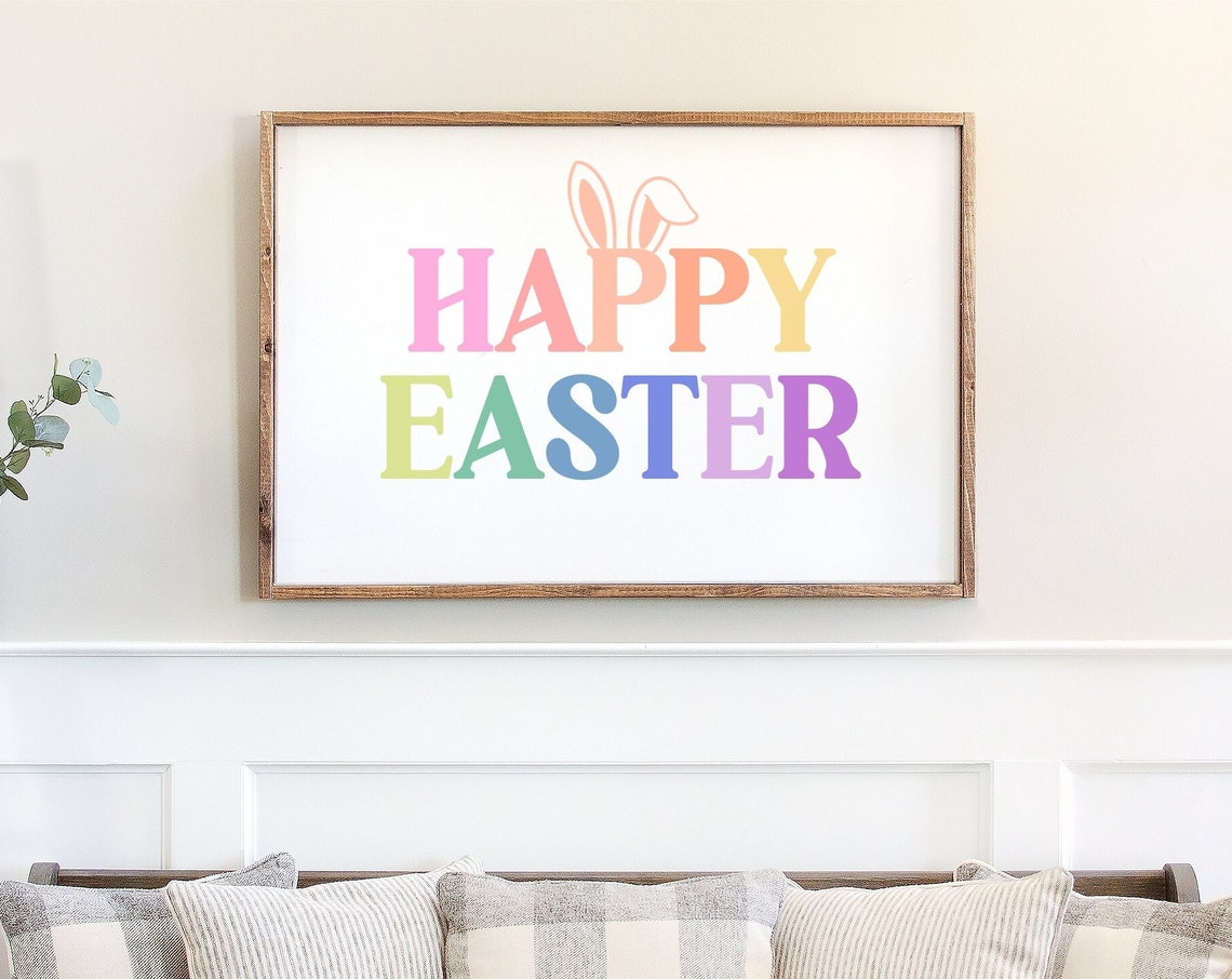 Happy Easter Rainbow Letters Bunny Ears Spring Holiday Poster