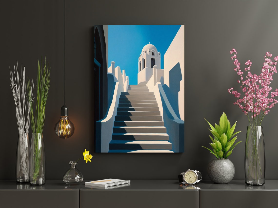 Santorini White Steps Climbing Toward a Blue Dome Church Poster - Image 2
