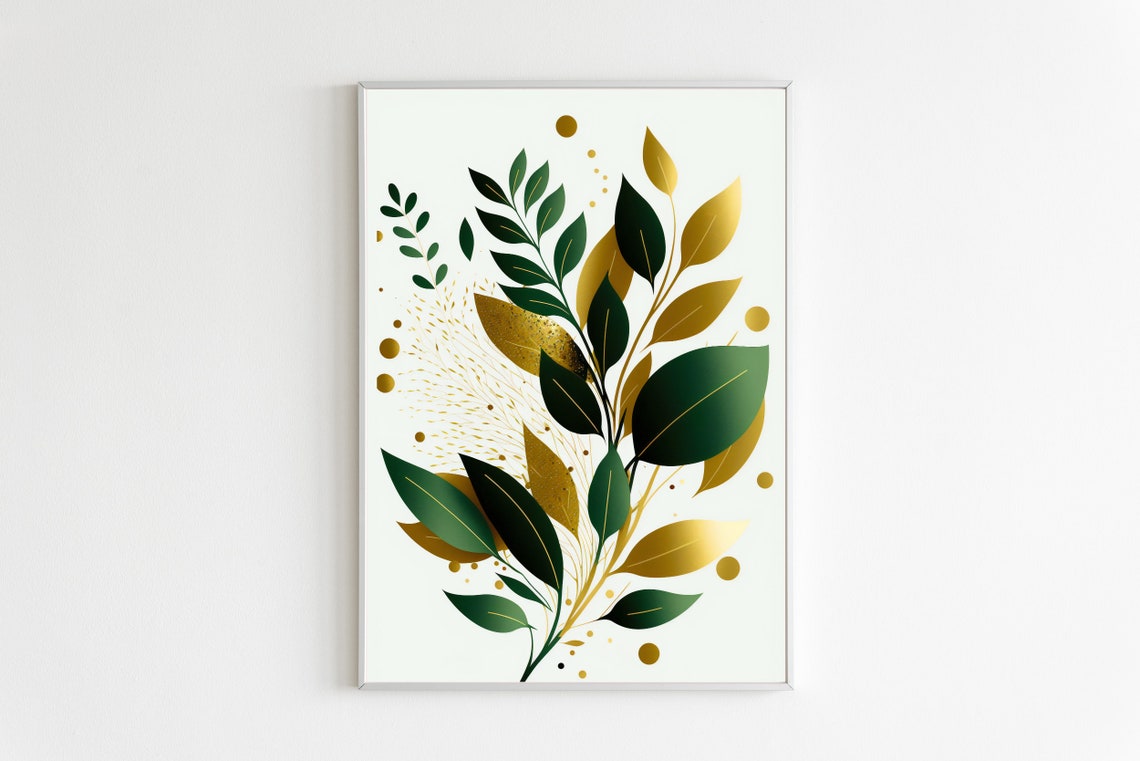 Gold Green Botanical Leaves Elegant Modern Neutral Home Poster