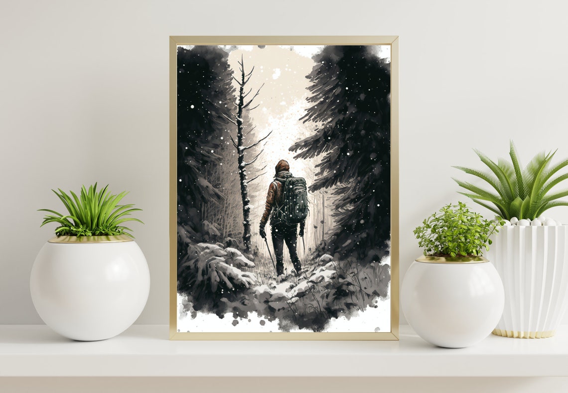 Lone Hiker Snowy Pine Forest Backpack Winter Adventure Poster - Image 3