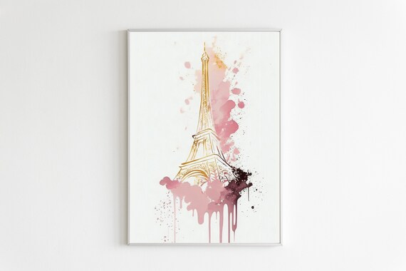 Pink Watercolor Eiffel Tower Paris Gold Romantic France Poster