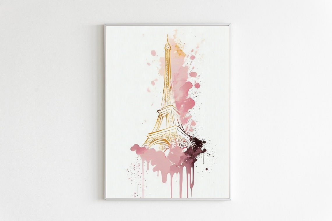 Pink Watercolor Eiffel Tower Paris Gold Romantic France Poster