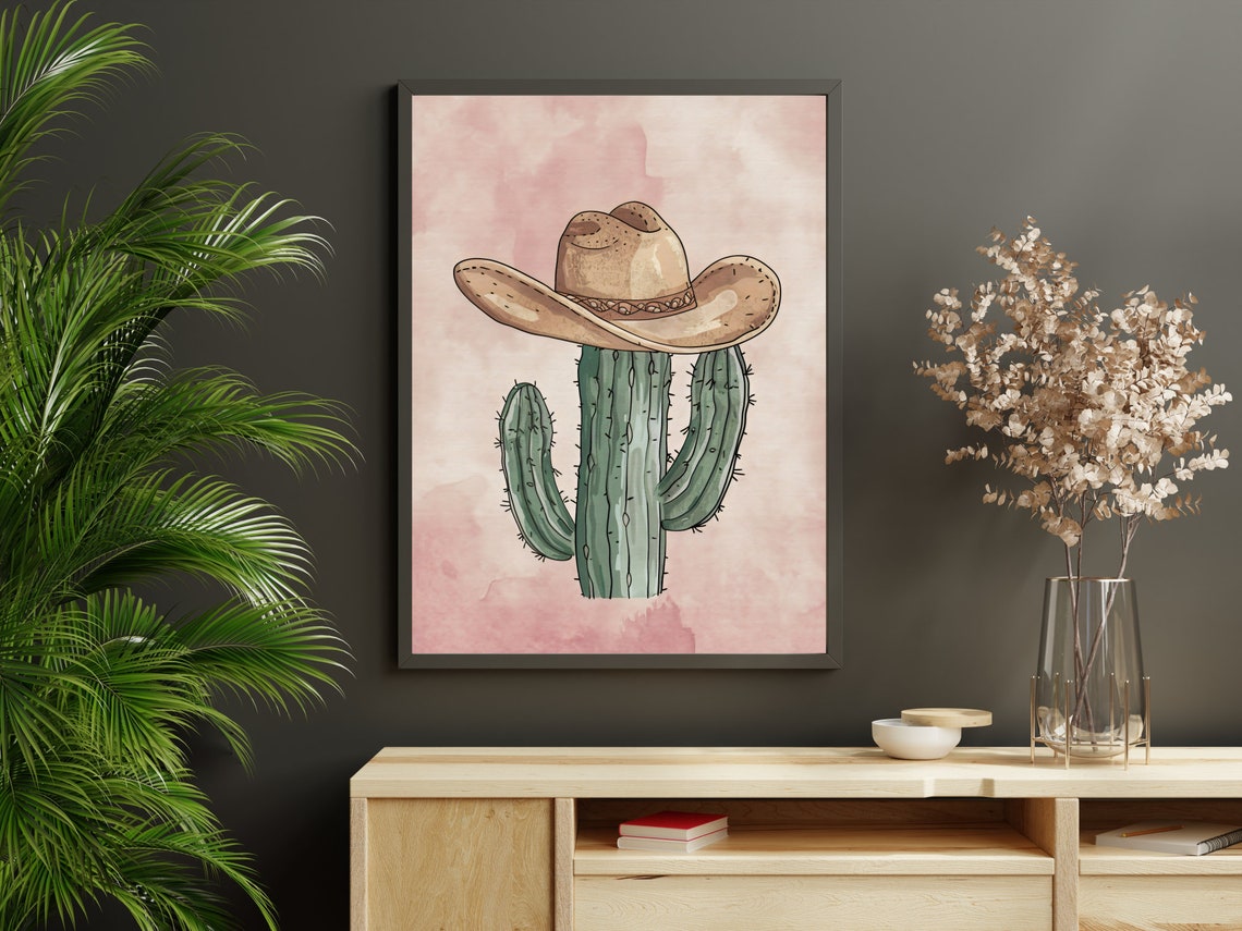Cactus Wearing Cowboy Hat Pink Western Boho Desert Decor Poster - Image 2