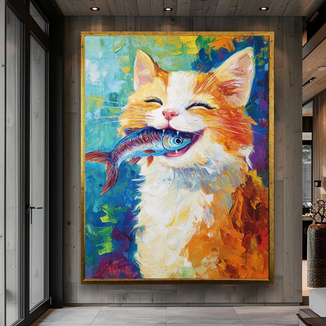 Joyful Orange Tabby Cat Catching Fish Colorful Humor Wall Poster