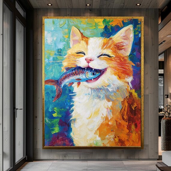 Joyful Orange Tabby Cat Catching Fish Colorful Humor Wall Poster