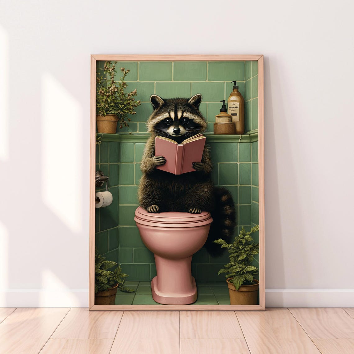 Raccoon Reading Book on Pink Toilet Green Tile Bathroom Humor Poster