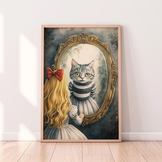 Alice Cat Reflection Surreal Golden Mirror Fantasy Whimsical Poster