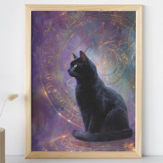Celestial Black Cat Art Print Astrology Wheel Wall Mystical Cosmic Purple Decor Witchy Starry Night Painting New Year Gift