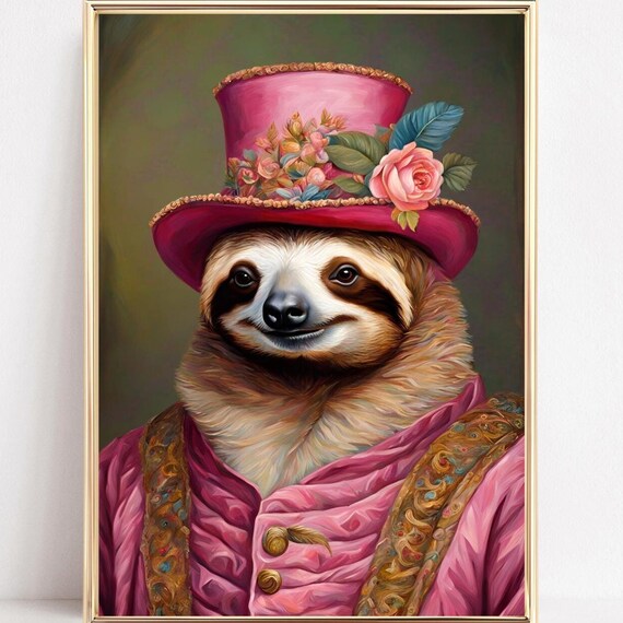 Renaissance Sloth Portrait Pink Top Hat Floral Dapper Wall Poster