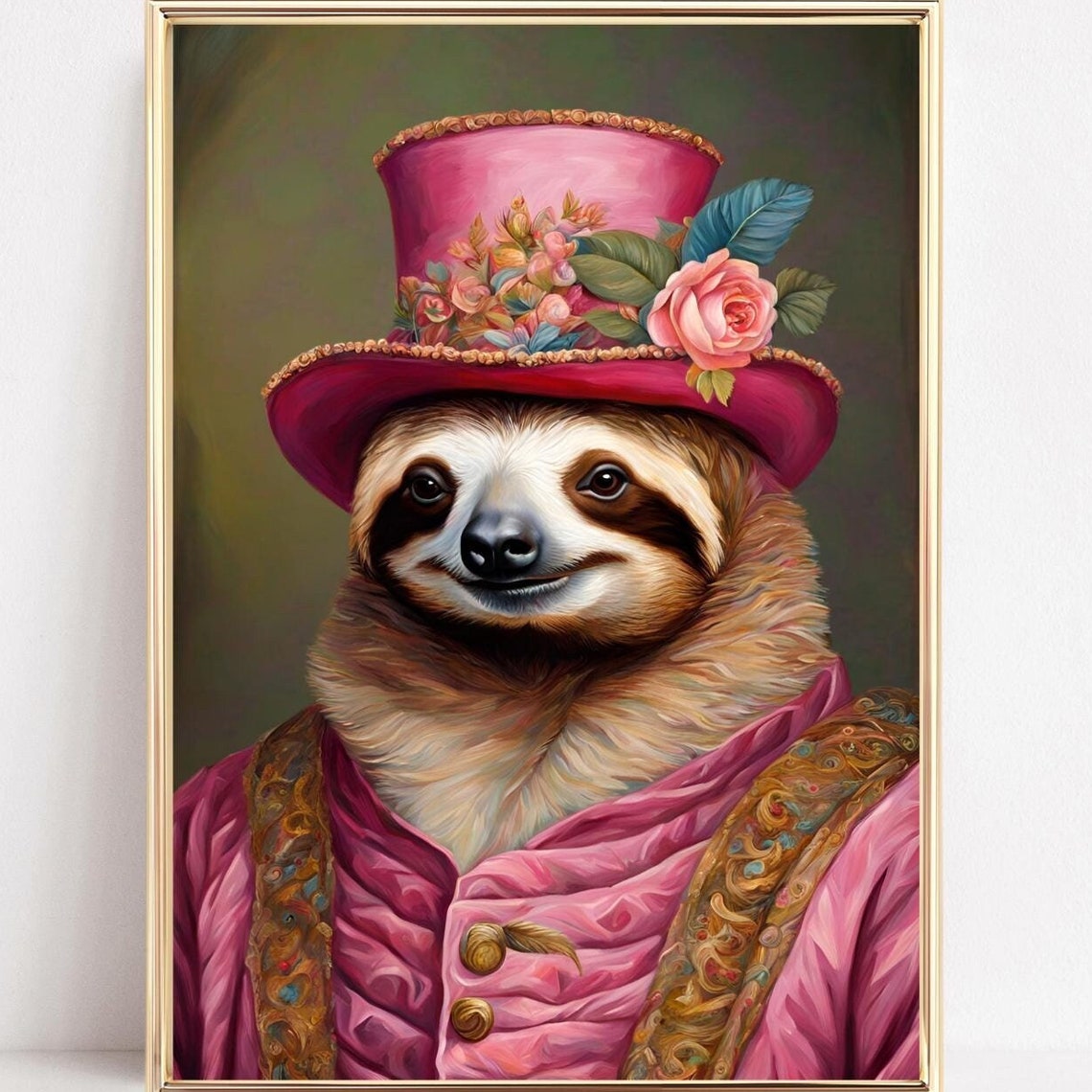 Renaissance Sloth Portrait Pink Top Hat Floral Dapper Wall Poster