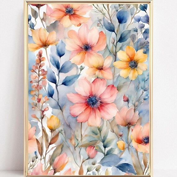 Peach Pink Floral Watercolor Blooming Wildflowers Garden Poster
