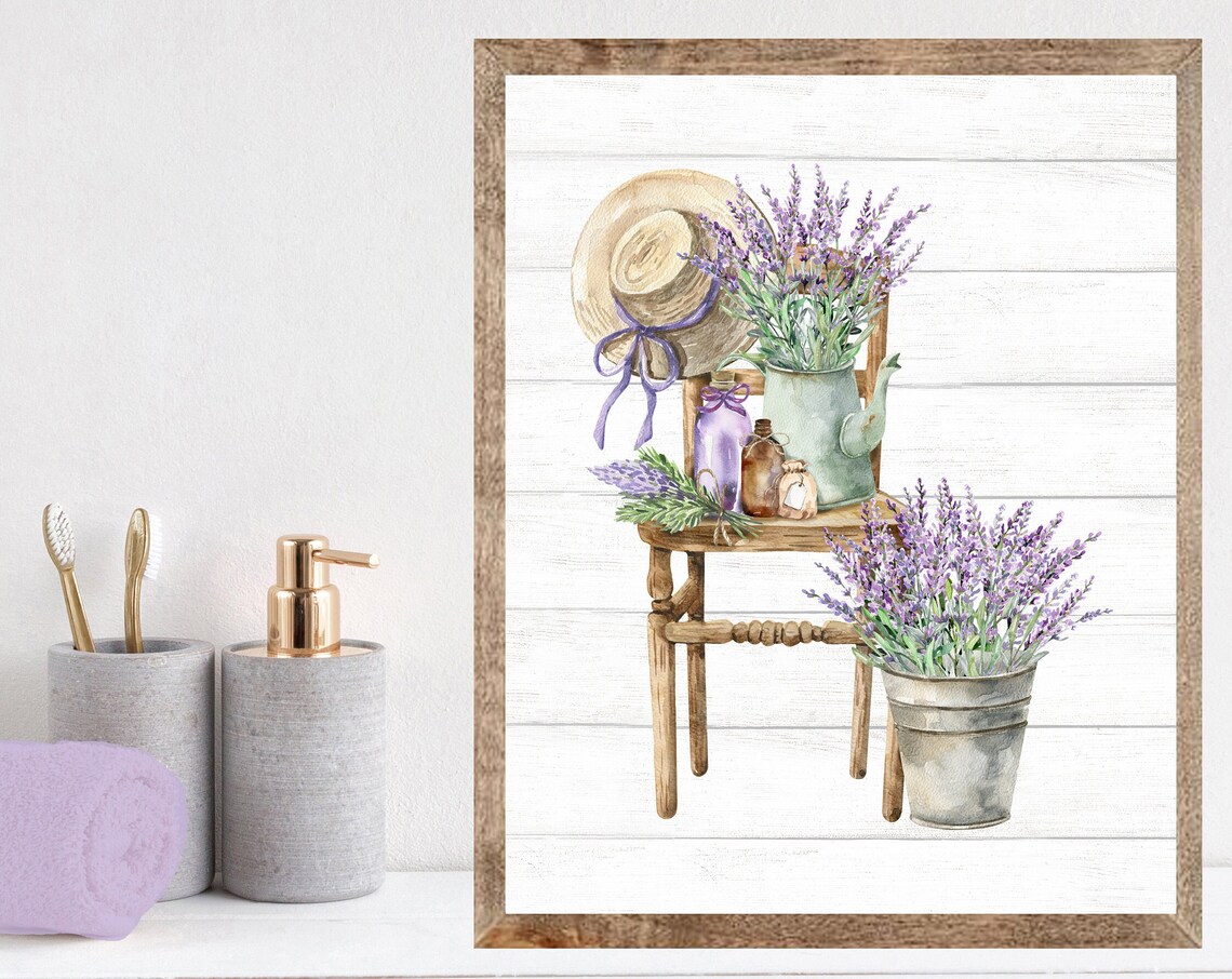 Lavender Sprigs on Vintage Wooden Chair Farmhouse Bathroom Poster