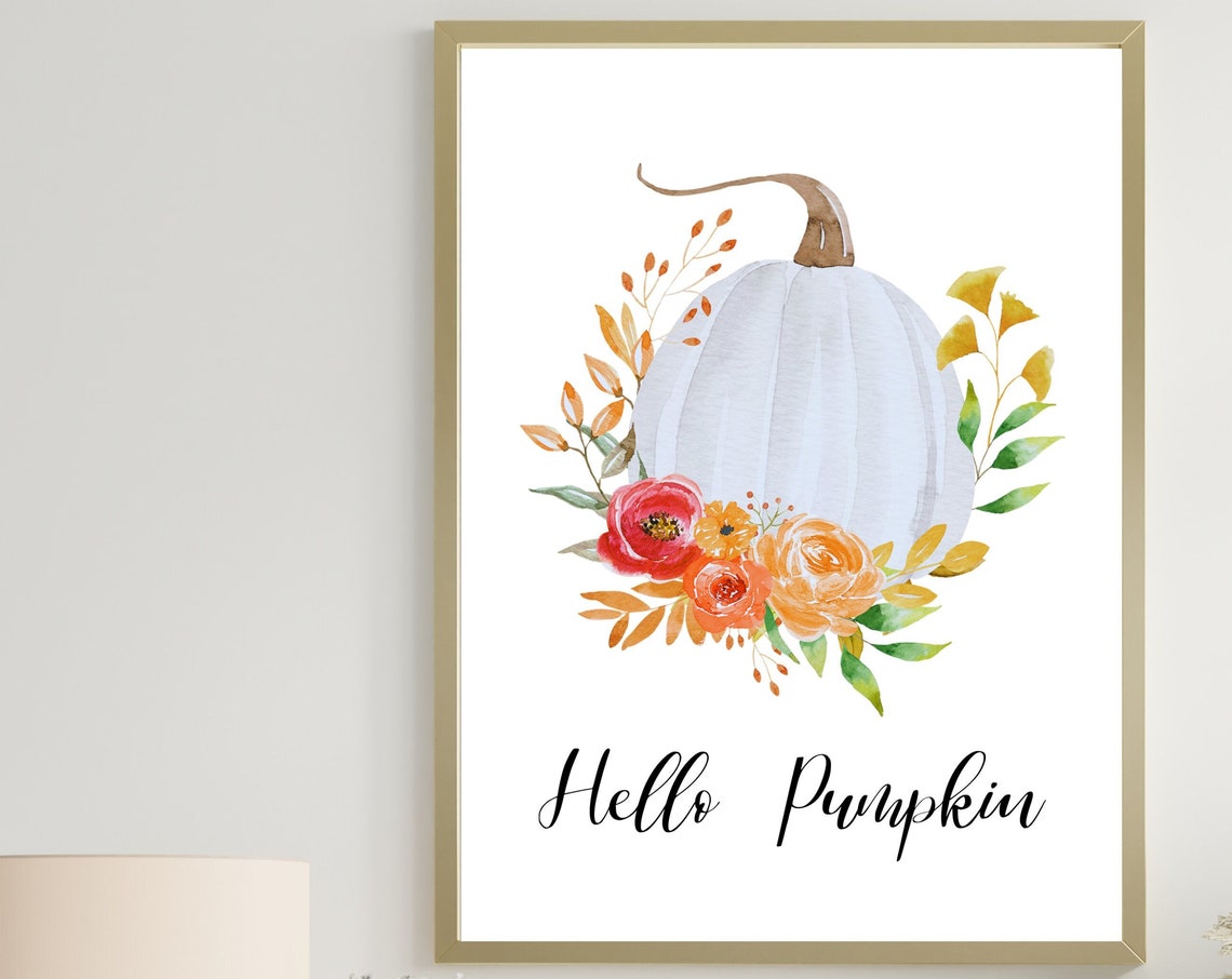 Hello Pumpkin White Watercolor Pumpkin Coral Floral Fall Poster - Image 3